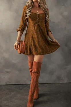 Outlet Dear-Lover Lace Crochet Buttoned Square Neck Shift Mini Dress Chestnut