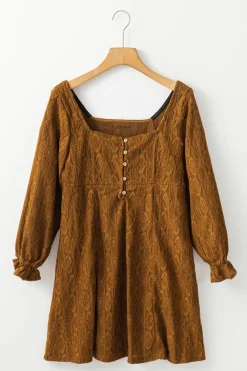 Outlet Dear-Lover Lace Crochet Buttoned Square Neck Shift Mini Dress Chestnut