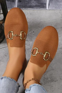 Discount Dear-Lover Leather Strap Buckle Decor Slip On Flats Chestnut