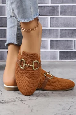 Discount Dear-Lover Leather Strap Buckle Decor Slip On Flats Chestnut