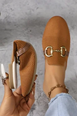 Discount Dear-Lover Leather Strap Buckle Decor Slip On Flats Chestnut