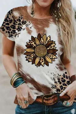 Discount Dear-Lover Leopard Bleached Sunflower Graphic Crewneck T Shirt Chestnut