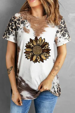 Discount Dear-Lover Leopard Bleached Sunflower Graphic Crewneck T Shirt Chestnut