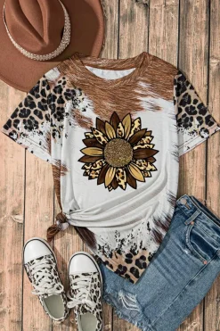 Discount Dear-Lover Leopard Bleached Sunflower Graphic Crewneck T Shirt Chestnut