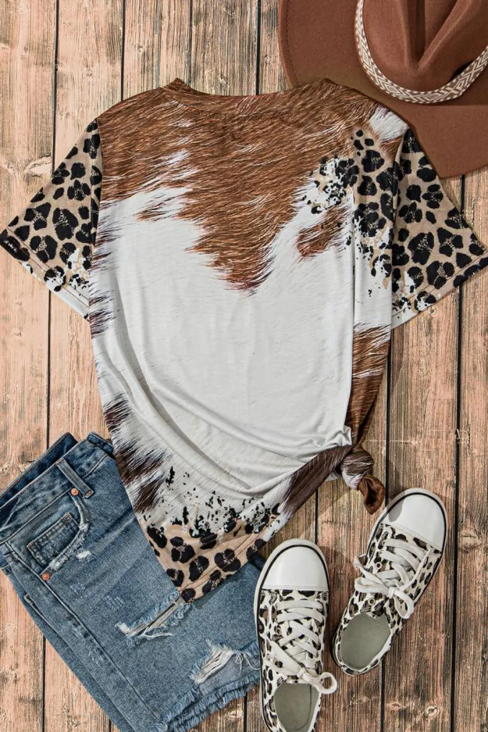 Discount Dear-Lover Leopard Bleached Sunflower Graphic Crewneck T Shirt Chestnut