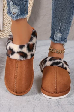 Hot Dear-Lover Leopard Patched Plush Lined Thick Home Slippers Chestnut