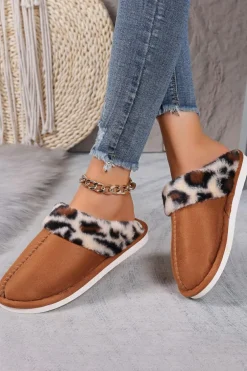 Hot Dear-Lover Leopard Patched Plush Lined Thick Home Slippers Chestnut