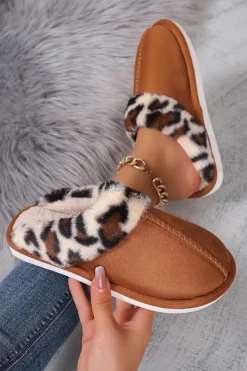 Hot Dear-Lover Leopard Patched Plush Lined Thick Home Slippers Chestnut