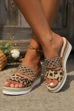 Hot Dear-Lover Leopard Print Braided Details Wedge Slippers Chestnut