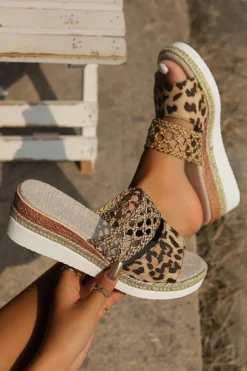 Hot Dear-Lover Leopard Print Braided Details Wedge Slippers Chestnut