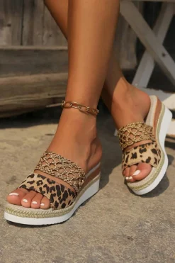 Hot Dear-Lover Leopard Print Braided Details Wedge Slippers Chestnut