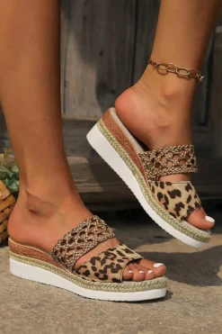 Hot Dear-Lover Leopard Print Braided Details Wedge Slippers Chestnut