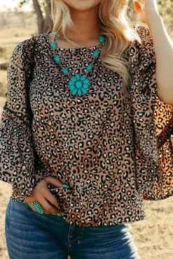 Best Dear-Lover Leopard Print Ruffle Wide Sleeve Blouse Chestnut