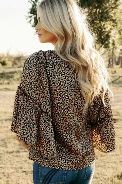 Best Dear-Lover Leopard Print Ruffle Wide Sleeve Blouse Chestnut