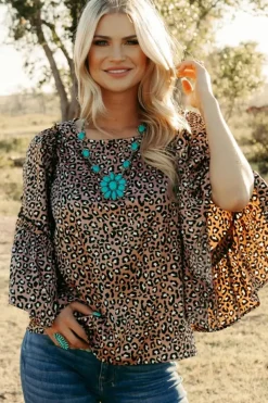 Best Dear-Lover Leopard Print Ruffle Wide Sleeve Blouse Chestnut