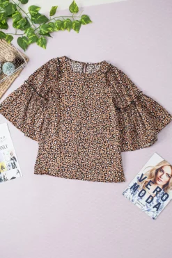 Best Dear-Lover Leopard Print Ruffle Wide Sleeve Blouse Chestnut
