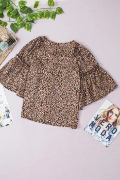 Best Dear-Lover Leopard Print Ruffle Wide Sleeve Blouse Chestnut
