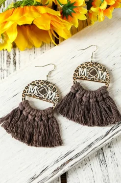 Sale Dear-Lover Leopard Rugby Football MOM Print Fringed Hook Earrings Chestnut