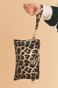 New Dear-Lover Leopard/Cow Print Wrist Strap Zipped Wallet Chestnut