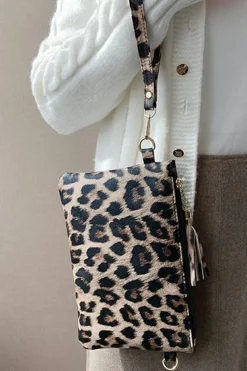 New Dear-Lover Leopard/Cow Print Wrist Strap Zipped Wallet Chestnut