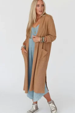Discount Dear-Lover Long Waffle Knit Cardigan with Pockets Chestnut