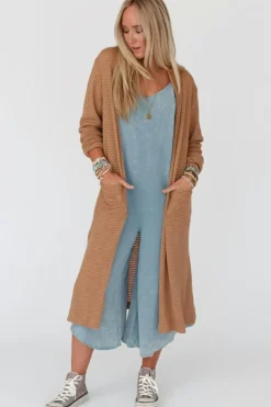 Discount Dear-Lover Long Waffle Knit Cardigan with Pockets Chestnut