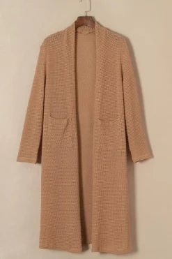 Discount Dear-Lover Long Waffle Knit Cardigan with Pockets Chestnut