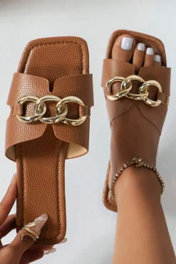 Clearance Dear-Lover Metal Chain Decor Square Toe Faux Leather Slippers Chestnut