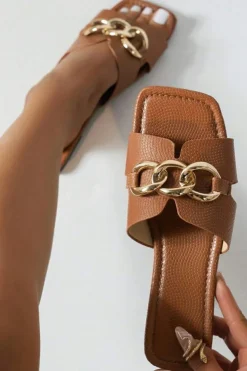Clearance Dear-Lover Metal Chain Decor Square Toe Faux Leather Slippers Chestnut