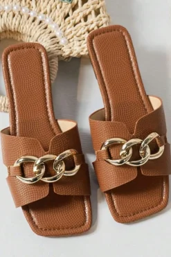 Clearance Dear-Lover Metal Chain Decor Square Toe Faux Leather Slippers Chestnut
