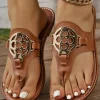 Clearance Dear-Lover Metal Decor Leather Thong Slippers Chestnut