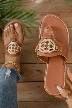 Clearance Dear-Lover Metal Decor Leather Thong Slippers Chestnut