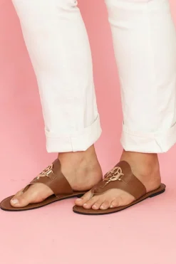 Clearance Dear-Lover Metal Decor Leather Thong Slippers Chestnut