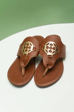 Clearance Dear-Lover Metal Decor Leather Thong Slippers Chestnut