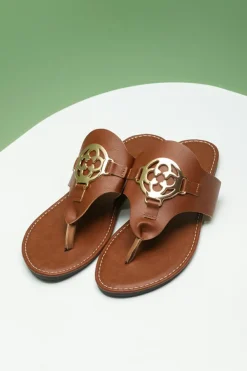 Clearance Dear-Lover Metal Decor Leather Thong Slippers Chestnut