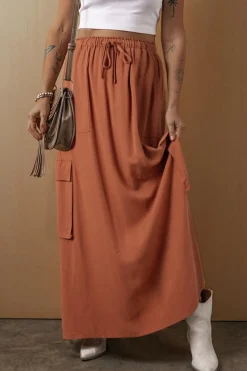 Best Dear-Lover Mineral Wash Cargo Pocket Drawstring Waist Maxi Skirt Chestnut