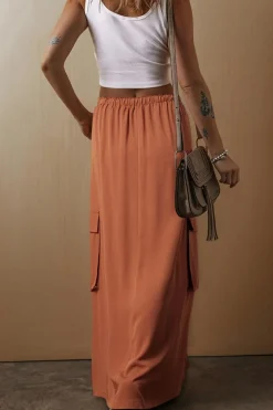 Best Dear-Lover Mineral Wash Cargo Pocket Drawstring Waist Maxi Skirt Chestnut