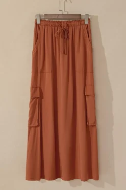 Best Dear-Lover Mineral Wash Cargo Pocket Drawstring Waist Maxi Skirt Chestnut