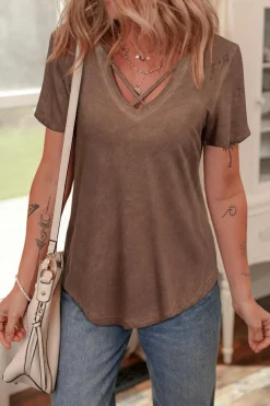 Fashion Dear-Lover Mineral Wash Criss Cross V Neck Casual T Shirt Chestnut