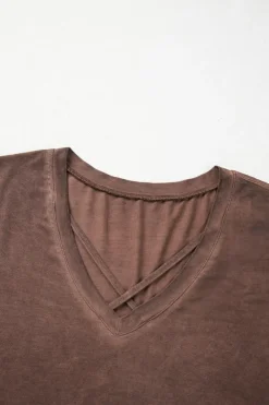 Fashion Dear-Lover Mineral Wash Criss Cross V Neck Casual T Shirt Chestnut