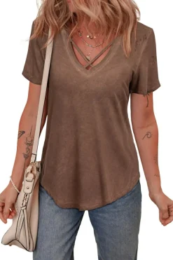 Fashion Dear-Lover Mineral Wash Criss Cross V Neck Casual T Shirt Chestnut