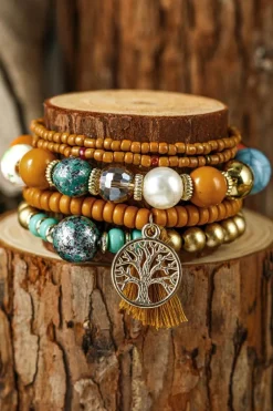 Hot Dear-Lover 5pcs Boho Beaded Turquoise Bracelets Set Chestnut
