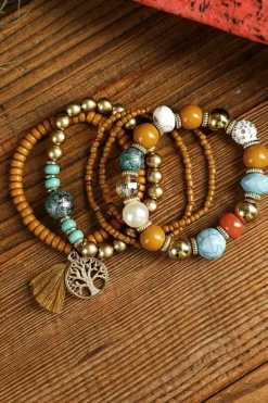 Hot Dear-Lover 5pcs Boho Beaded Turquoise Bracelets Set Chestnut