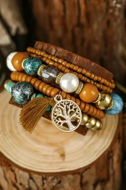Hot Dear-Lover 5pcs Boho Beaded Turquoise Bracelets Set Chestnut