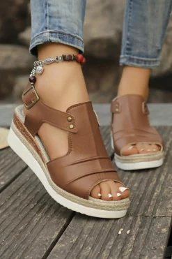 Discount Dear-Lover Pleated Leather Cut Out Wedge Sandals Chestnut