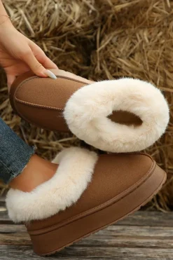 New Dear-Lover Plush Suede Trim Thick Sole Flat Snow Boots Chestnut