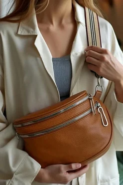 Online Dear-Lover PU Leather Double Zipper Crossbody Bag Chestnut