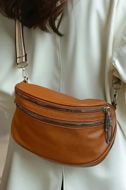 Online Dear-Lover PU Leather Double Zipper Crossbody Bag Chestnut