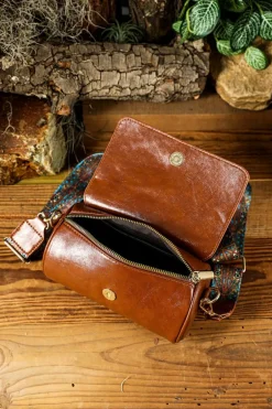 Best Dear-Lover PU Leather Flap Shoulder Bag with Retro Print Wide Strap Chestnut