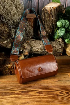 Best Dear-Lover PU Leather Flap Shoulder Bag with Retro Print Wide Strap Chestnut